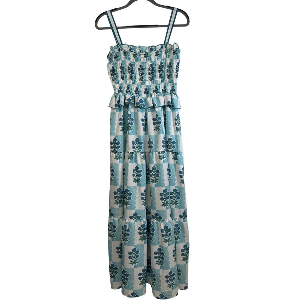 NWT L Mallory Smocked Maxi Dress Blue & Green White Boutique All Points Chatham